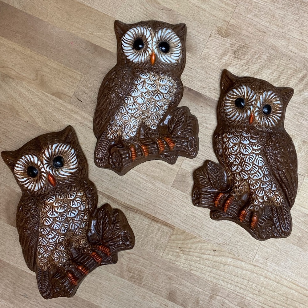 3 Vintage Owl Wall Hangings Plaques FoamCraft Mid Century 1970’s MCM Retro